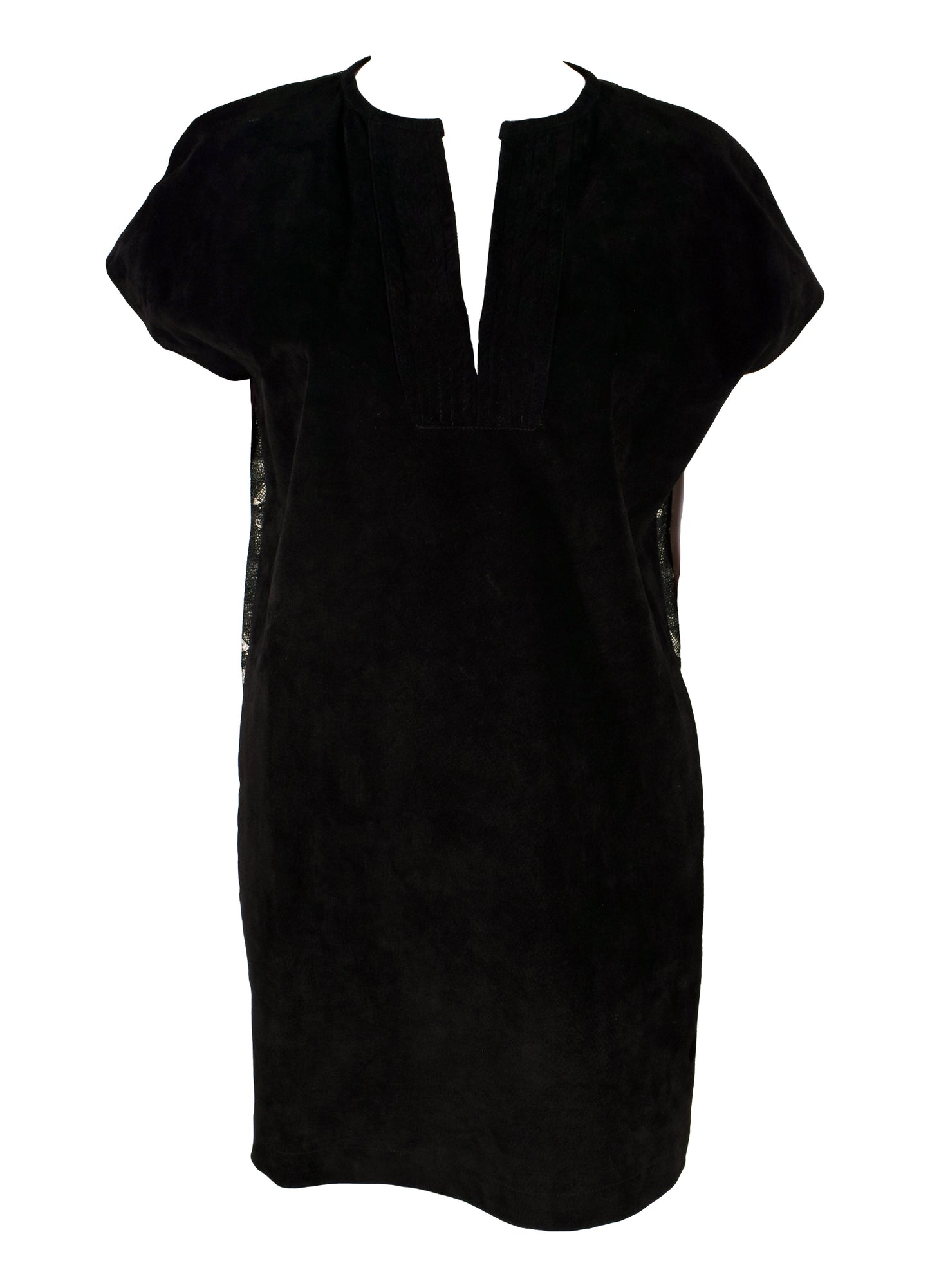 HEL "Materialmix" Shirtkleid Leder und Spitze Schwarz mit Eingriffstaschen. Unikat