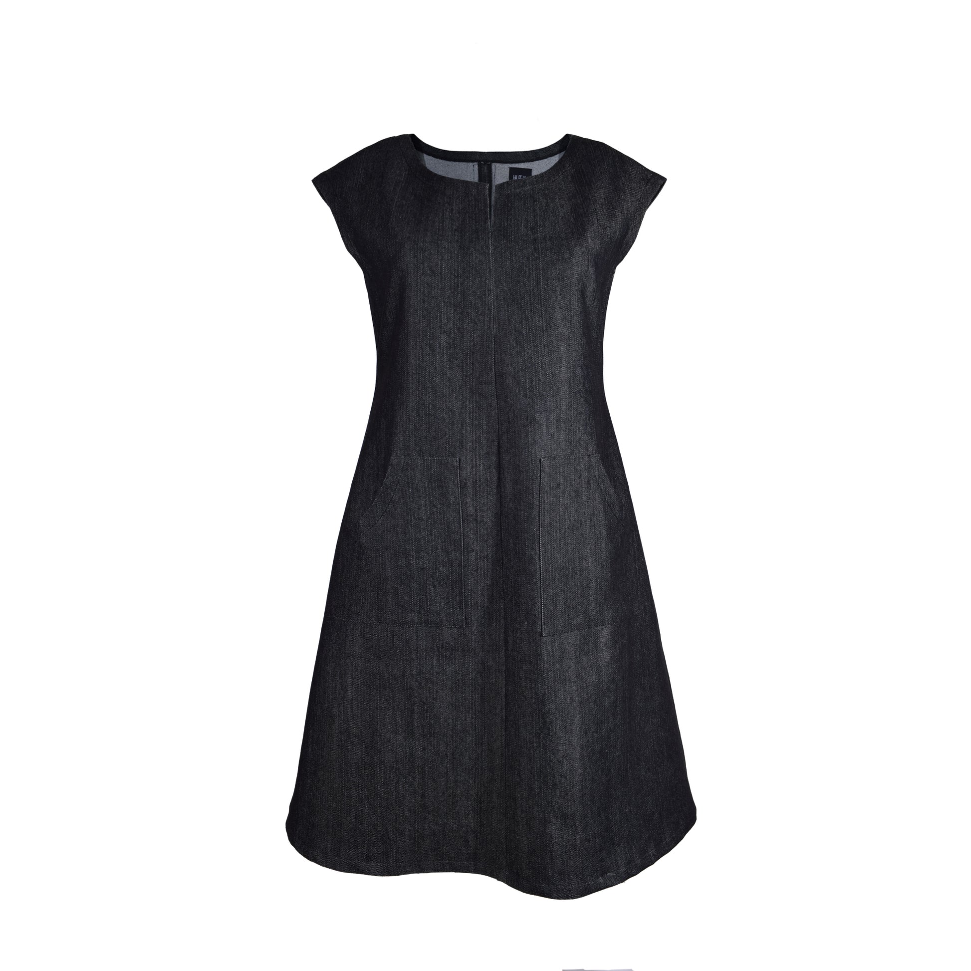 Schwarzes Kleid aus Denim 
Kleiner V Ausschnitt 
Kurzarm 
