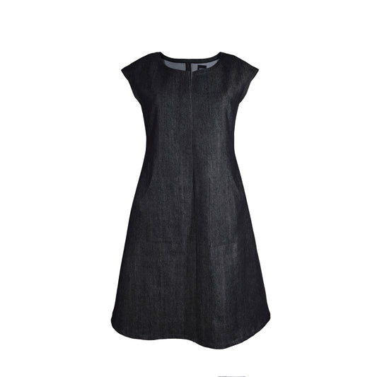 Schwarzes Kleid aus Denim 
Kleiner V Ausschnitt 
Kurzarm 
